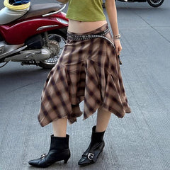 Irregular Hem Plaid Printed Midi Skirt