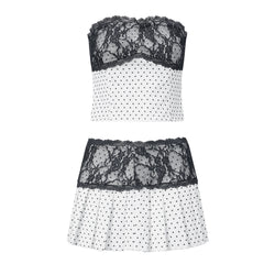 Polka Dot Lace Trim Tube Top and Pleated Mini Skirt Set