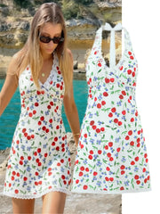 White Fruit Print Halter Mini Dress
