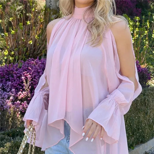 Mock Neck Back Tie Cut Out Split Flare Long Sleeve Blouse