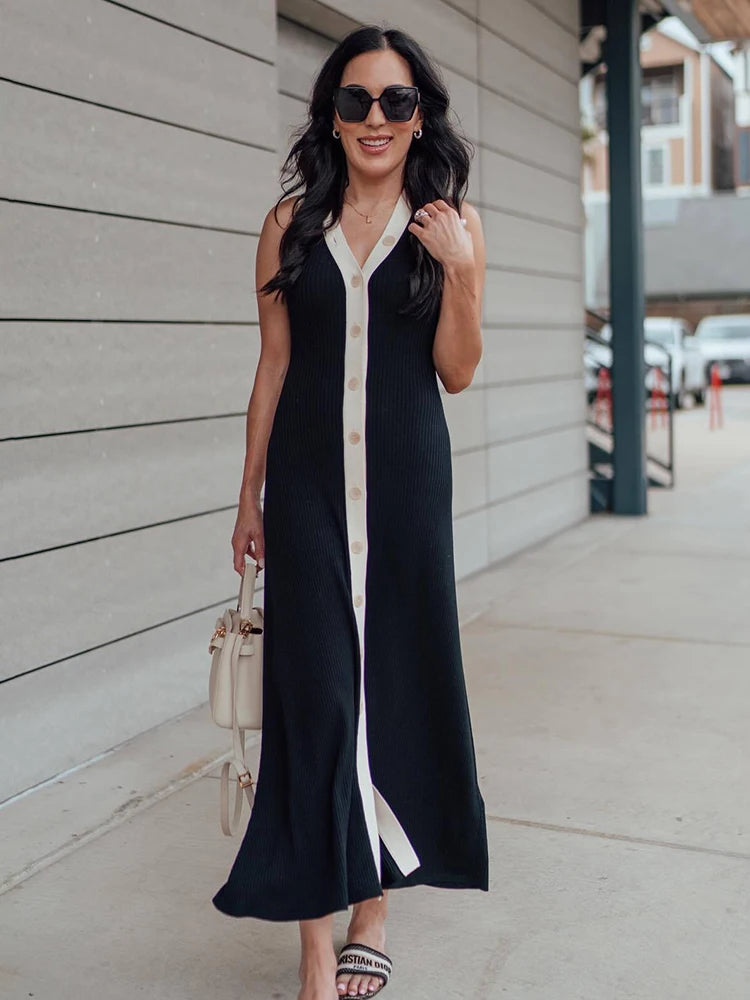 V Neck Sleeveless Ribbed Knitted Contrast Color Long Dress