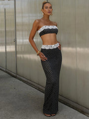 Black Polka Dot Lace Patchwork Bandeau Top And Maxi Skirt Set