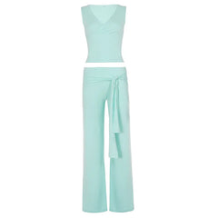 Solid V-Neck Tank Top And Tie-up Low-Waist Pants Set