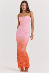 Pink Gradient Strapless Ruched Maxi Dress