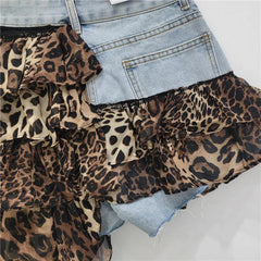 Leopard Print Ruffles Patchwork Denim Mini Skirts
