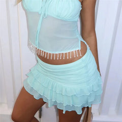 Layered Ruffle Low Waist Mesh Mini Skirt