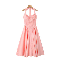 Corset Halter Drawstring Pleated Midi Dress