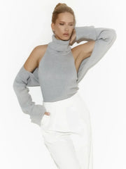 Ribbed Knit Turtleneck Cutout Shoulder  Vest Long-Sleeved Shawl 2-Piece Set Top