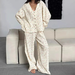 Yellow Printed Long Sleeved Buttoned Shirt And Pants Pajama Set