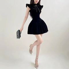 Ruffle Sleeve High Neck Velvet Black Mini Dress