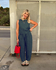 Printed Plaid Sleeveless Vest And Wide Pants Set