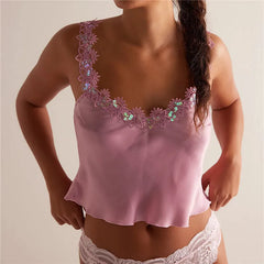 Embroidery Floral Shoulder Strap V-Neck Tank Top