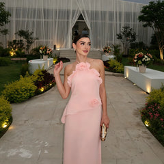 Pink Halter 3D Flower Ruffle Maxi Dress
