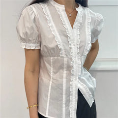 White Ruffle Puff Short Sleeve Button Down Top