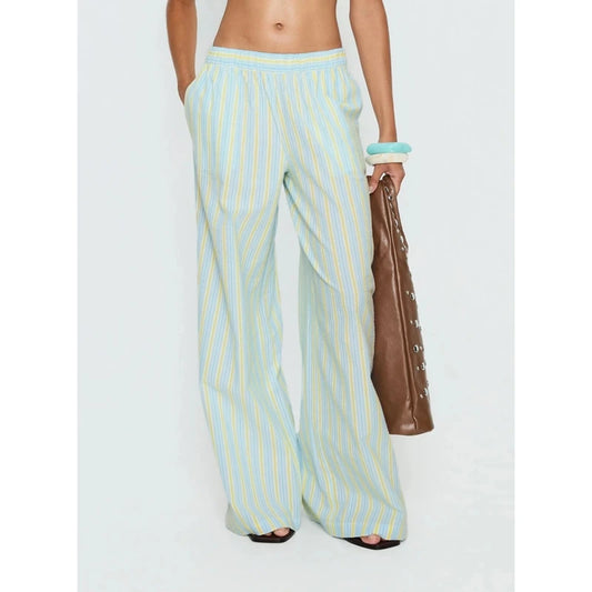 Blue Striped  Elasticated Waist Wide Leg Pants