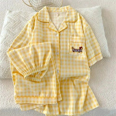 Yellow Embroidery Plaid Dachshund Pajama Set