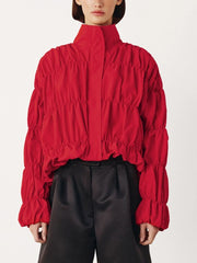 Red Ruched Stand Collar Jacket
