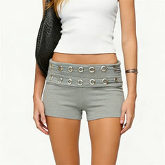 Low Waist Metal Eyelet Detail Fold Over Waistband Shorts