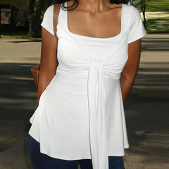Square Neck Front Tie Short Sleeve Peplum Top