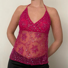 Sequin Mesh Embroidered Open Back Top