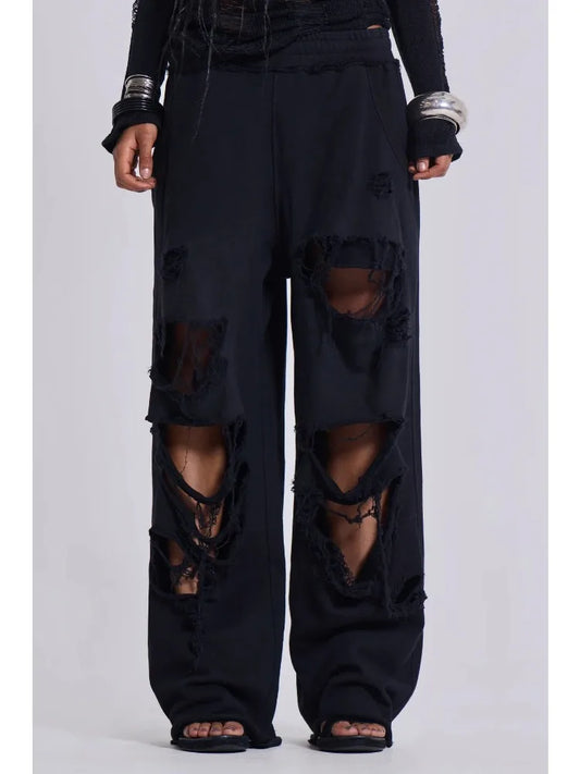Black  Distressed Wide Sweatpants