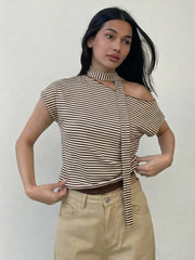 Brown Striped One Shoulder Scarf Sleeve Top