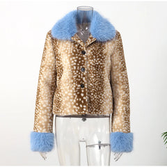 Deer Print Blue Faux Fur Cropped Jacket