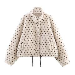 Beige Polka Dot Zipper Fleece Coat