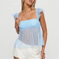 Blue Sheer Square Neck Ruffle Strap Top