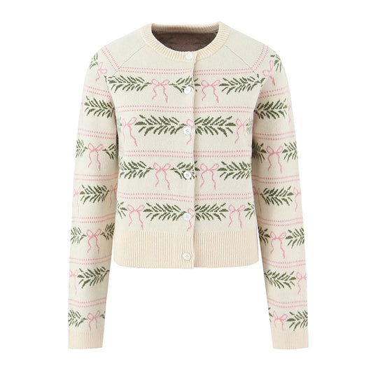 Bow Printed Button Up Cardigan