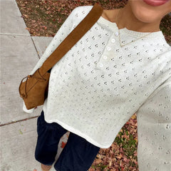Eyelet Knit Pullover Button Long Sleeve Top
