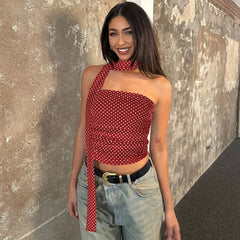 Polka Dot Print Mesh Tube Top with Scarf