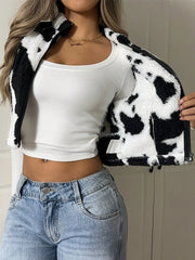 Cow Printed Zipper Sleeveless Fur Cropped Vest