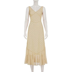 Beige Polka Dot Ruffle Midi Dress