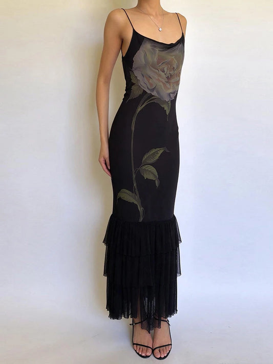 Black Rose Satin Print Spaghetti Strap Tassel Hem Maxi Dress