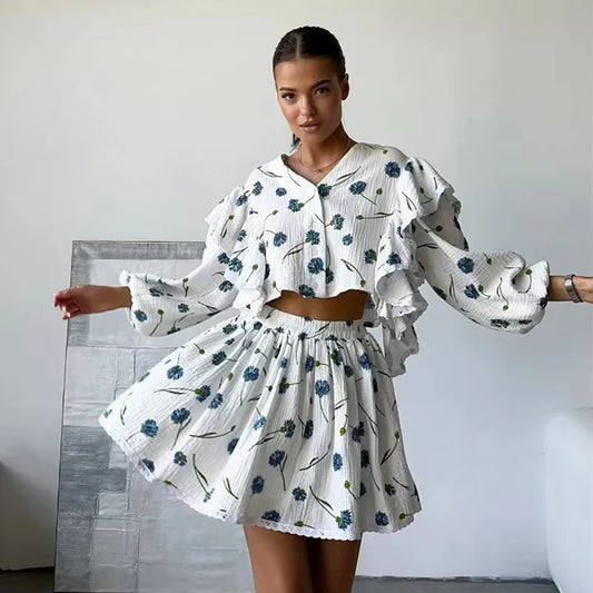 White Printed Ruffle Long Sleeve Shirt And Shorts Set