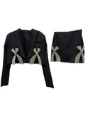 Rhinestone Bow Shoulder Pad Black High Waist Short Skirt Suits