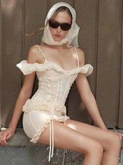 Ruffle Strap Lace Up Mesh Mini Bodycon Dress