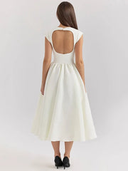 Solid Short Sleeve Flare High Neck Midi Dress