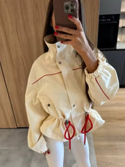 High Neck Snap Button Drawstring Crop Jacket
