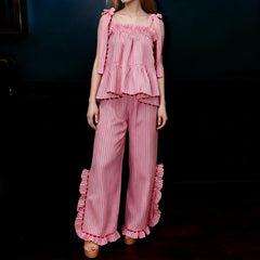 Ruffle Plaid Bow Tie Shoulder Babydoll Tank Top and Pants Loungewear Set