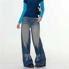 Bow Print Mid Rise Wide Leg Denim Pants