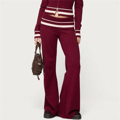 Burgundy Low Rise Knit Flare Pants With Contrast Striped Foldover Waistband