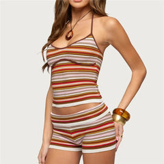 Stripe Halter Tie Up Crop Top And Shorts Two Piece Set