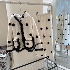 White Polka Dot Print Fleece Pajama 3 Piece Set