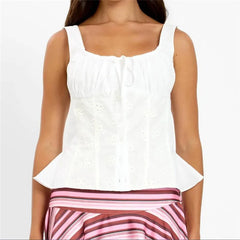 Eyelet Embroidery Peplum Button Down Top