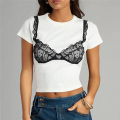 Lace Bra Print Short Sleeve Tee