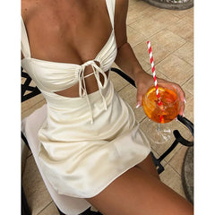 Satin Ruched Tie Up Strap Mini Dress - Free From Label