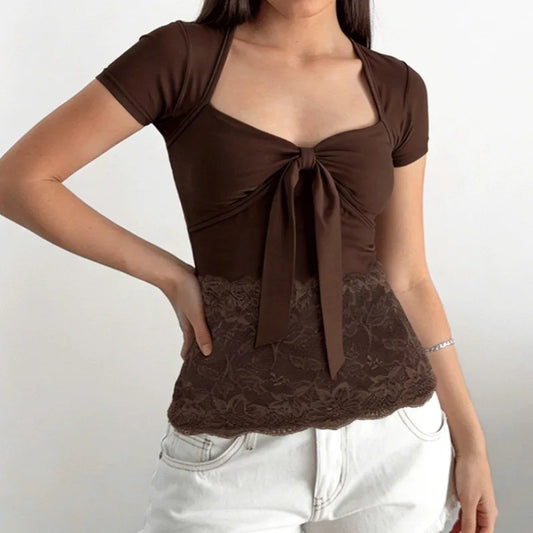 Brown V-neck Tie Up Patchwork Short Sleeve Top