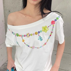 White Charm Beaded Print Off Shoulder Short Sleeve T-shirt